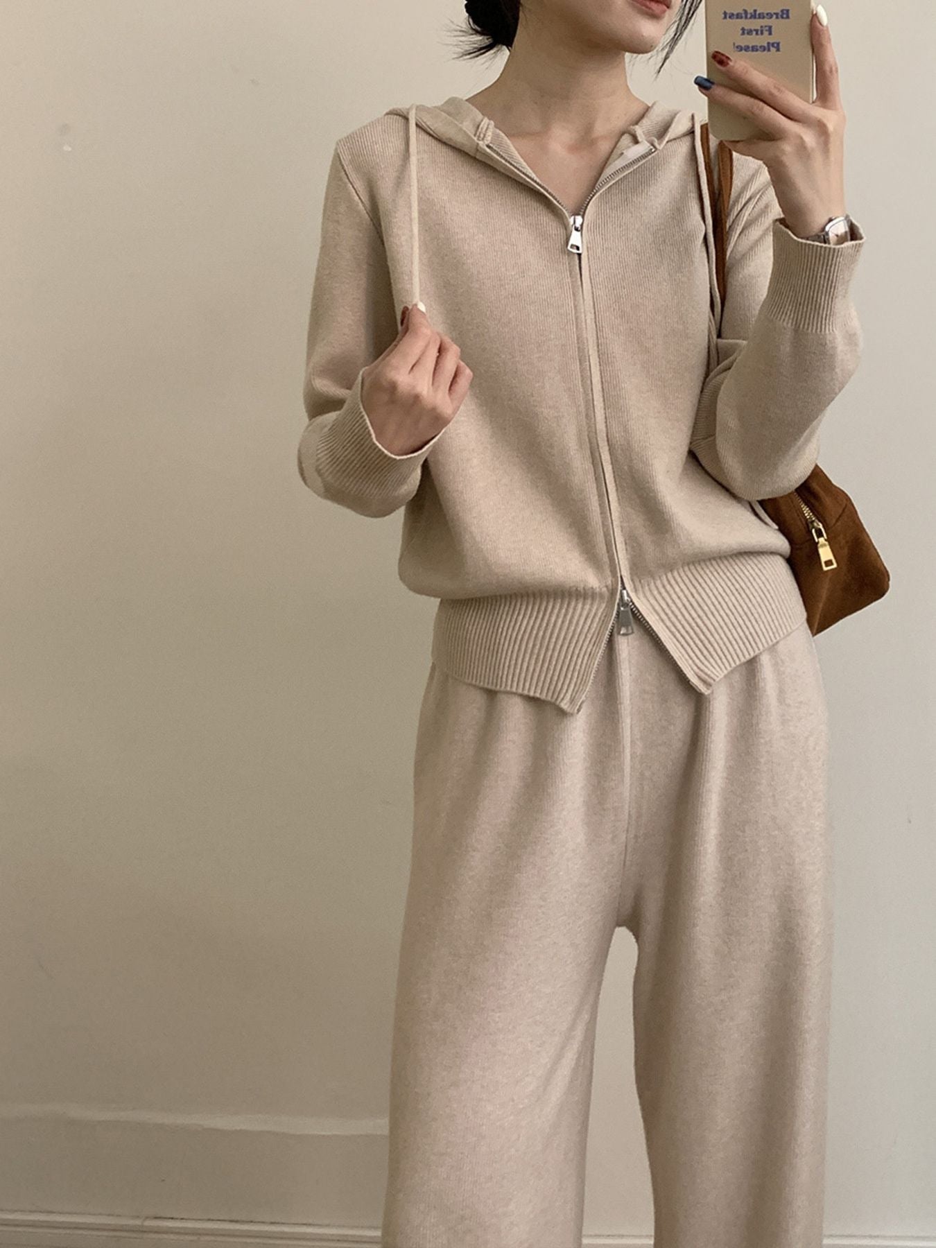 Zip Up Cardigan and Drawstring Wide Leg Pants Knit Set