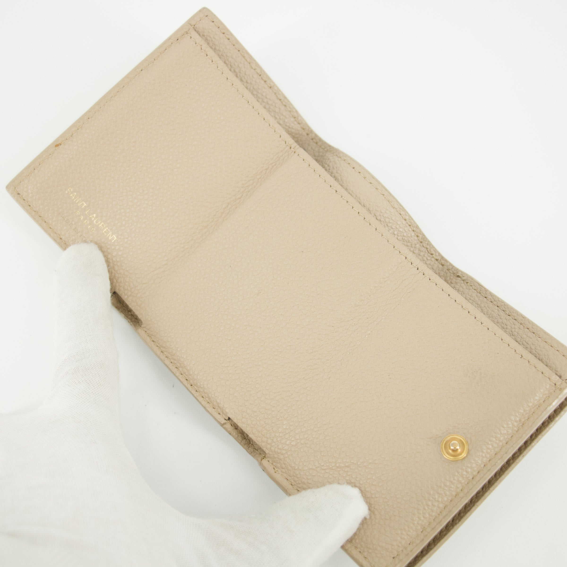 Bolt Boutique Yves Saint Laurent Beige Origami Compact Wallet #5203 — in-use photo