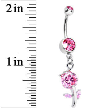 BodyCandy Pink Gem Cheerful Tulip Flower Dangle Belly Ring — detail close-up