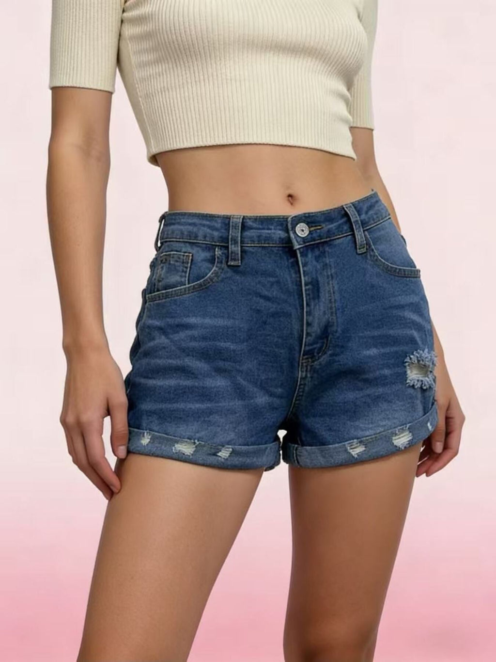 Distressed Denim Roll-Up Shorts
