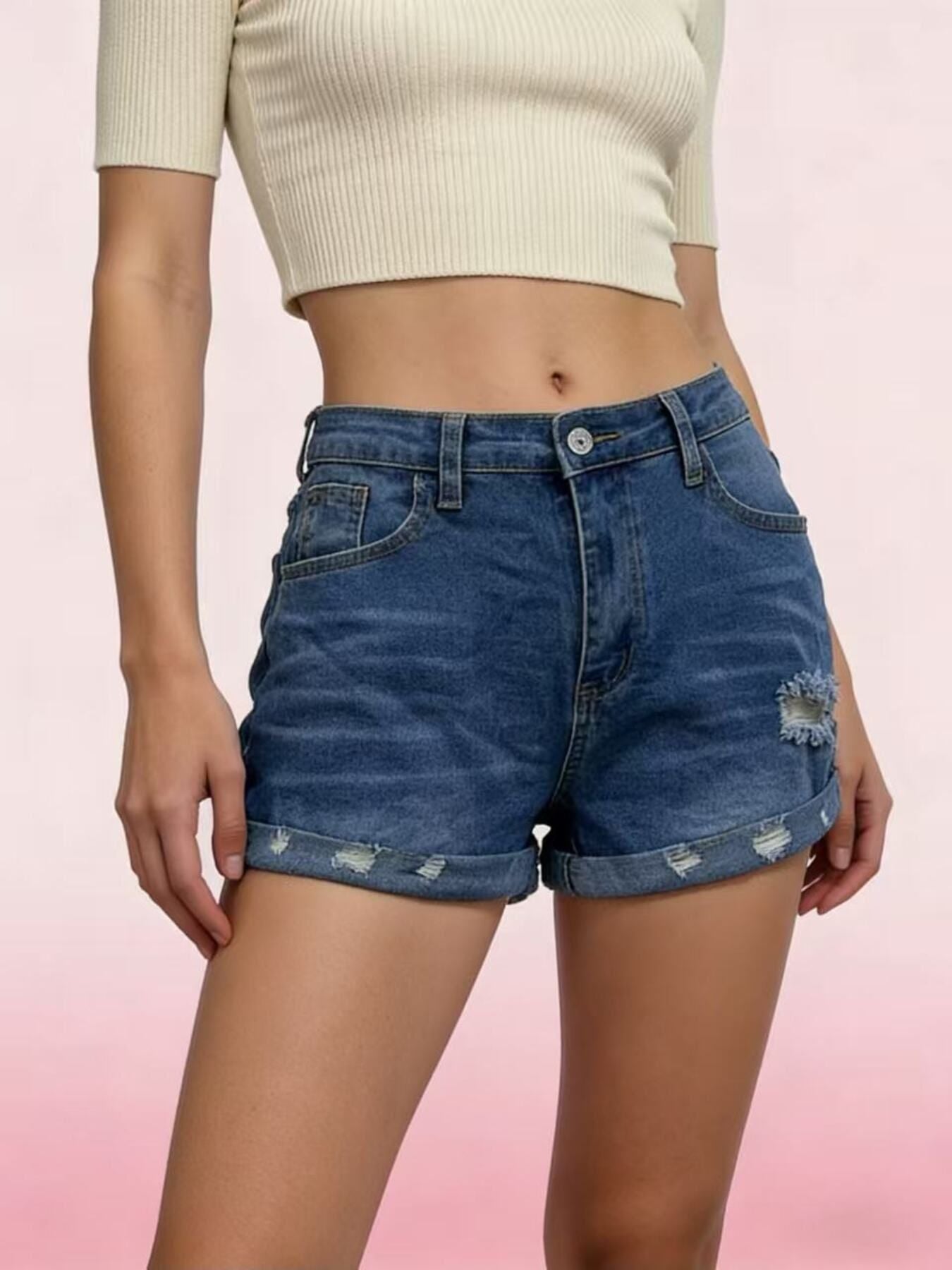 Distressed Denim Roll-Up Shorts