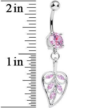 BodyCandy Pink Cubic Zirconia Scroll Pattern Rainforest Leaf Dangle Belly Ring — detail close-up