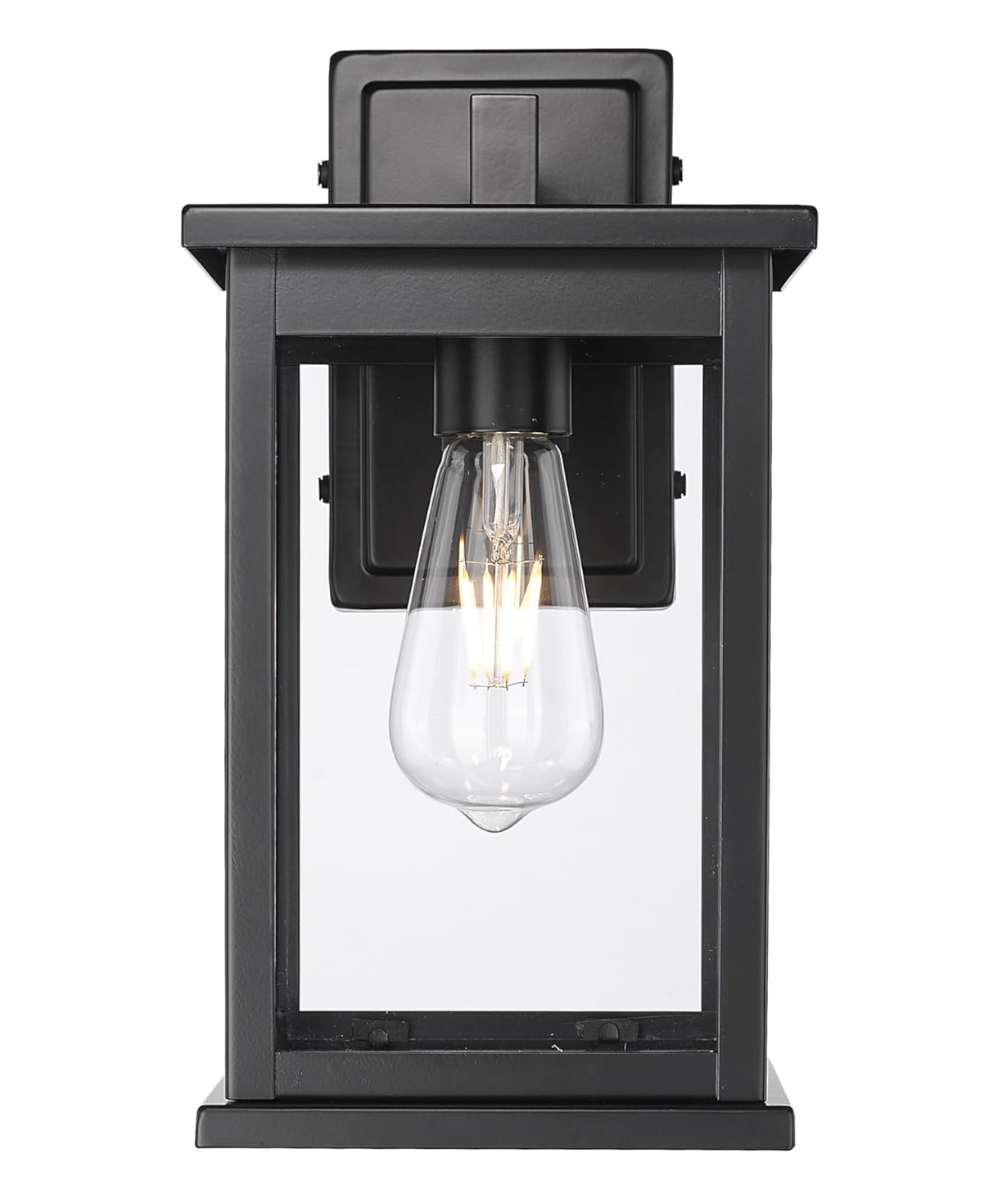 11"H Bowton II Outdoor Wall Light - Dusk to Dawn Matte Black Finish with Glass Shade by Millennium Lighting – LampsUSA
