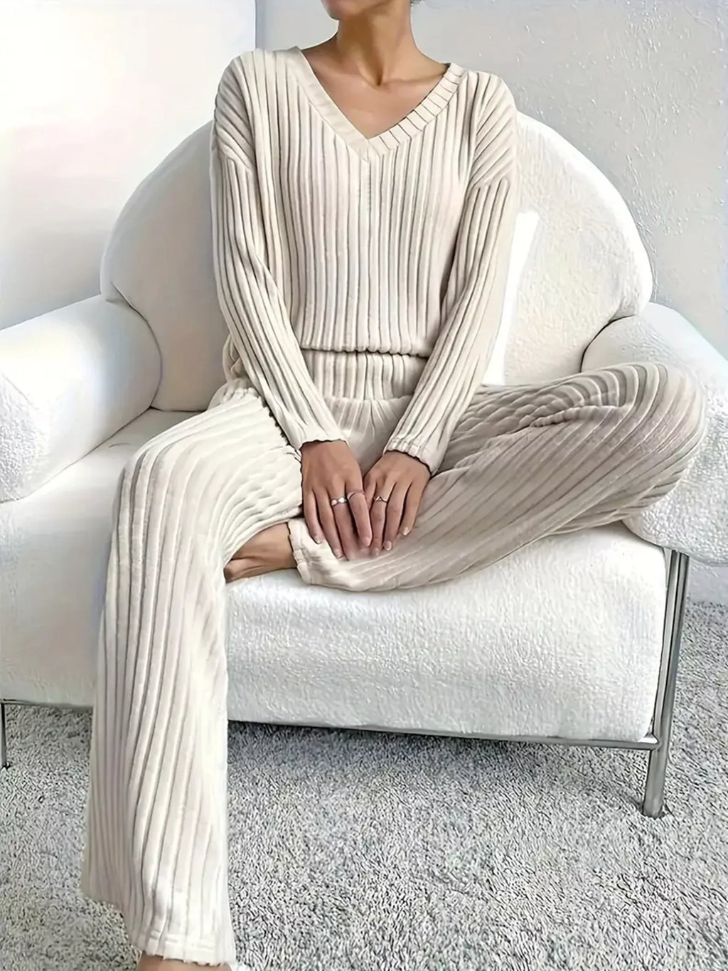 Ribbed Knit V-Neck Top and Pants Set