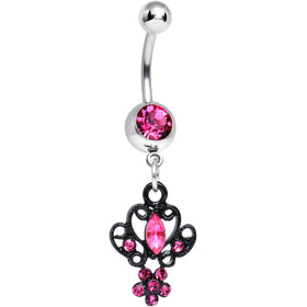 Pink Gem Black Brussels Lace and Flower Dangle Belly Ring