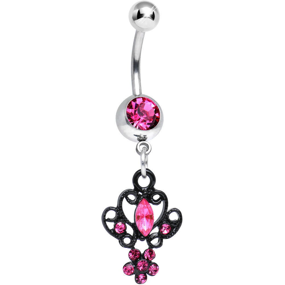 BodyCandy Pink Gem Black Brussels Lace and Flower Dangle Belly Ring — main product shot
