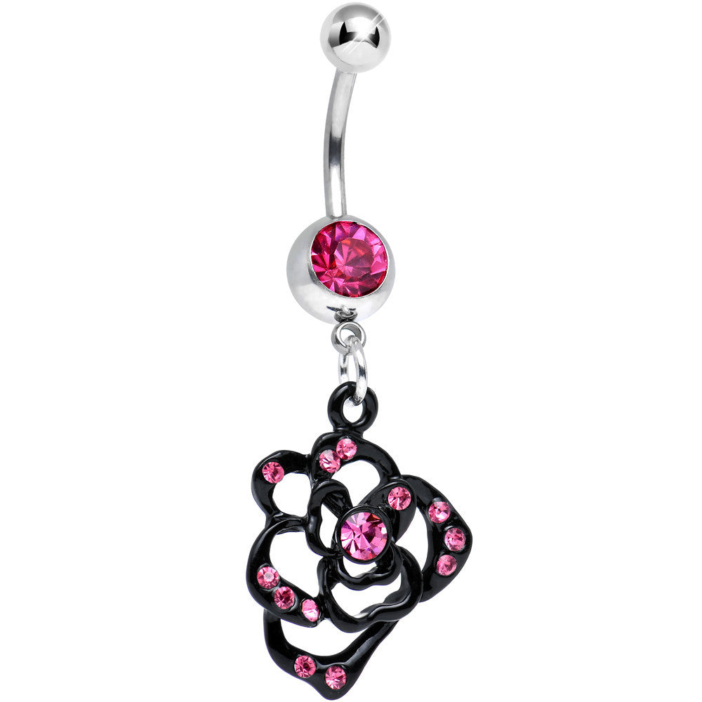 BodyCandy Pink Gem Dark and Heavenly Hollow Rose Flower Dangle Belly Ring — main product shot