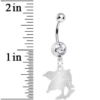 BodyCandy Clear Gem Family of Dolphins Dangle Belly Ring — detail close-up