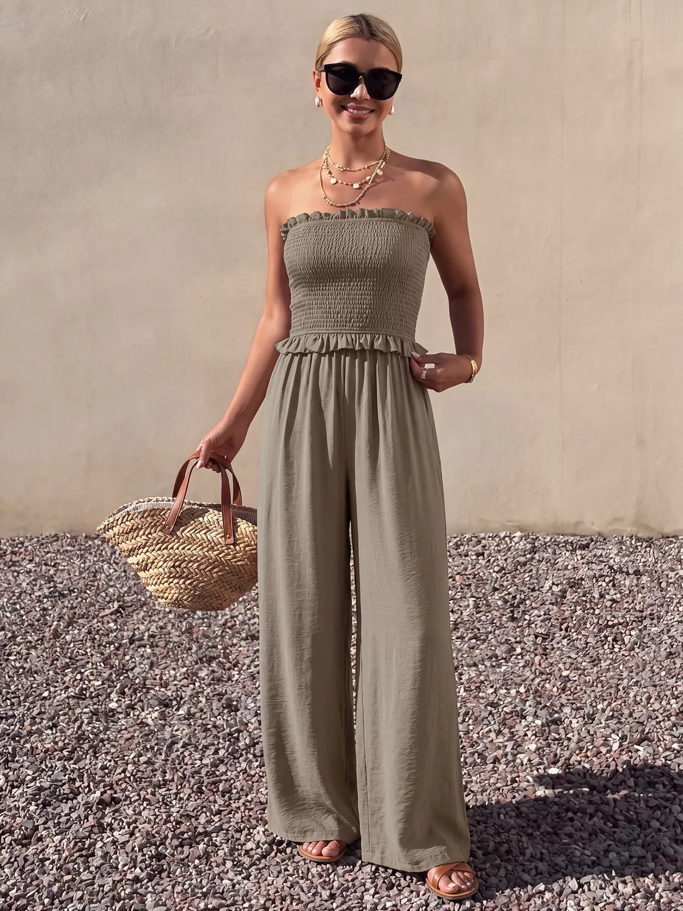 Smocked Strapless Wide Leg Jumpsuit