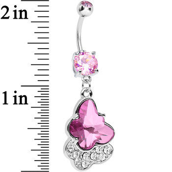 BodyCandy Pink Cubic Zirconia Double Layered Butterfly Dangle Belly Ring — detail close-up