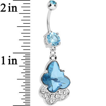 BodyCandy Aqua Cubic Zirconia Double Layered Butterfly Dangle Belly Ring — detail close-up