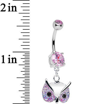 BodyCandy Pink Gem Glitter Mask Owl Head Dangle Belly Ring — detail close-up