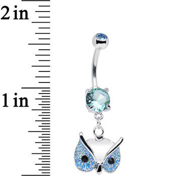 BodyCandy Aqua Gem Glitter Mask Owl Head Dangle Belly Ring — detail close-up