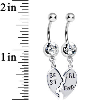 BodyCandy Clear Gem Shared Heart Best Friend Heart Dangle Belly Ring Set — detail close-up