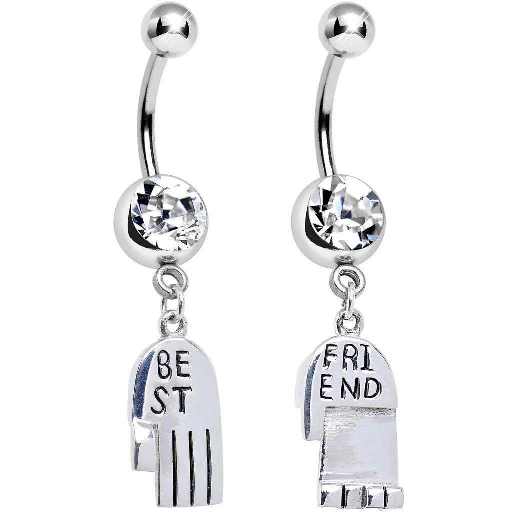 BodyCandy Clear Gem Holding Hands Best Friend Heart Dangle Belly Ring Set — detail close-up
