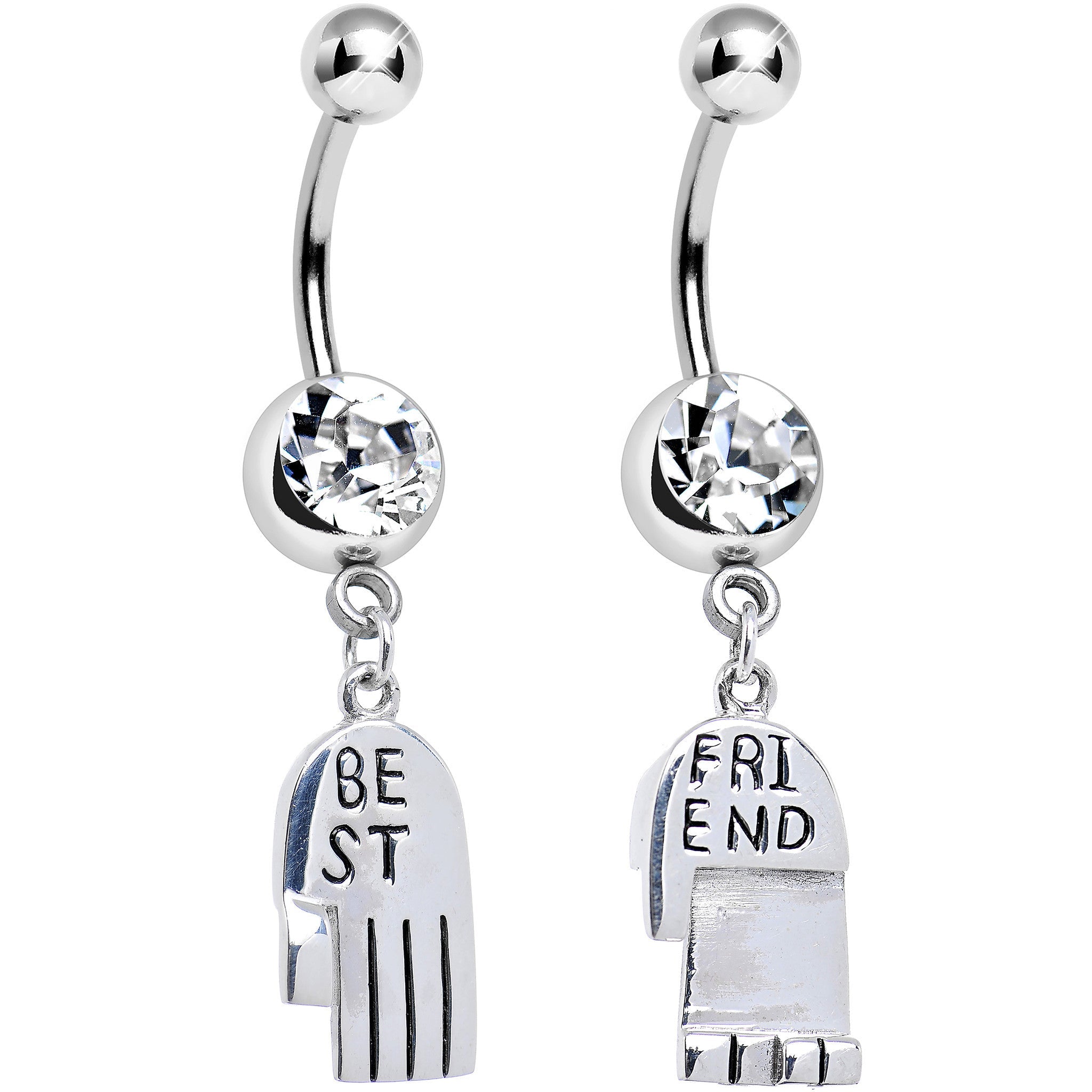 BodyCandy Clear Gem Holding Hands Best Friend Heart Dangle Belly Ring Set — detail close-up