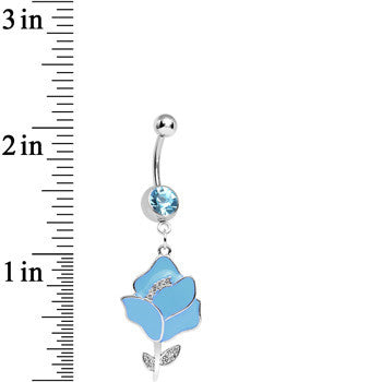 BodyCandy Aqua Gem Stainless Steel Blue Opera Flower Dangle Belly Ring — detail close-up