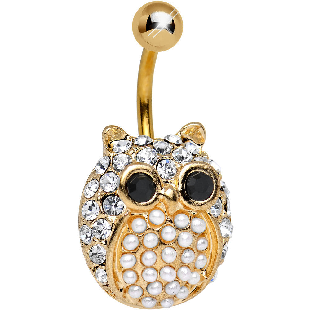 BodyCandy Clear Gem Gold Plated Pearly Owl Square Belly Ring — main product shot
