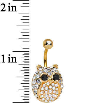 BodyCandy Clear Gem Gold Plated Pearly Owl Square Belly Ring — detail close-up