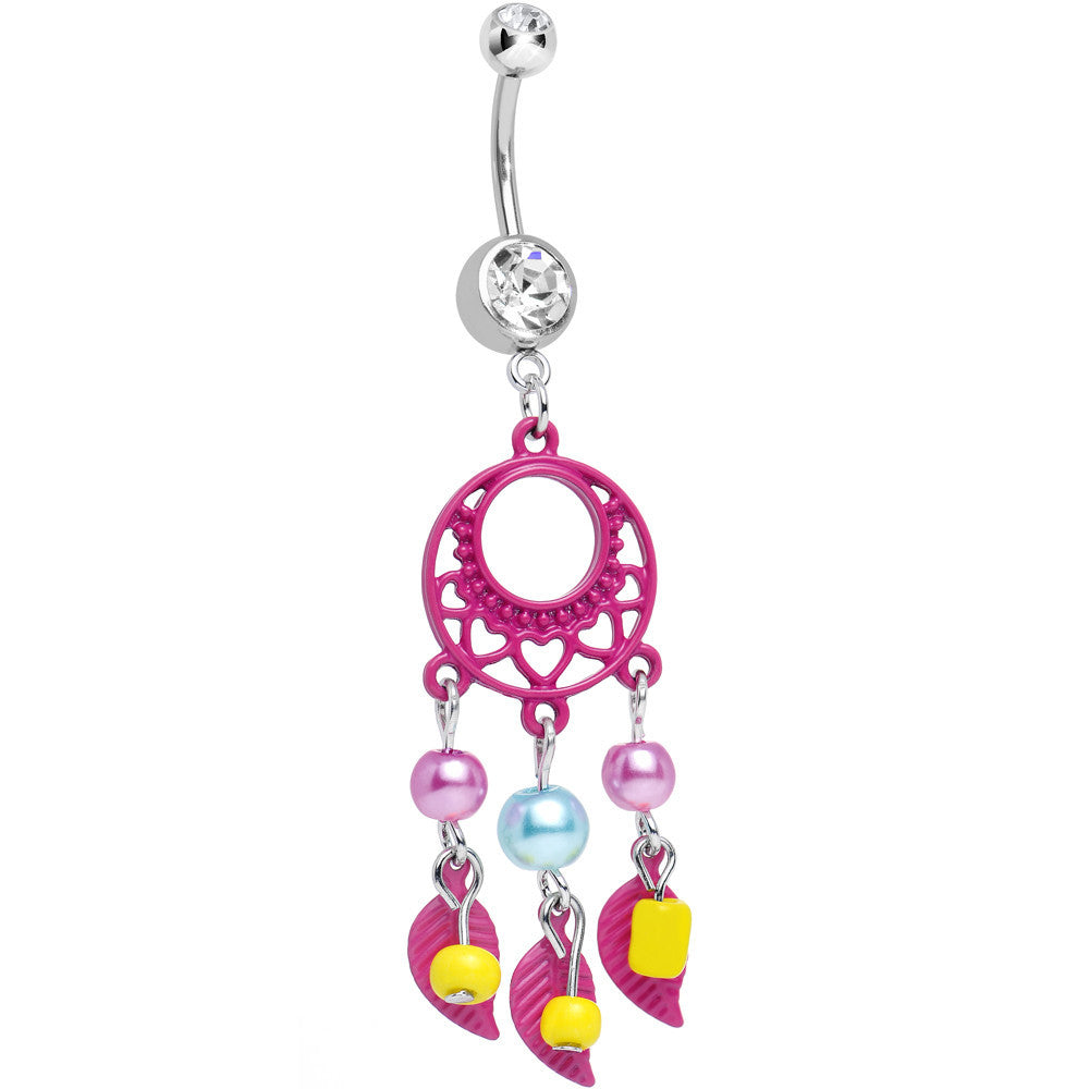 BodyCandy Clear Double CZ Pearly Feathers Pink Dreamcatcher Dangle Belly Ring — main product shot