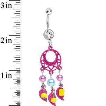 BodyCandy Clear Double CZ Pearly Feathers Pink Dreamcatcher Dangle Belly Ring — detail close-up