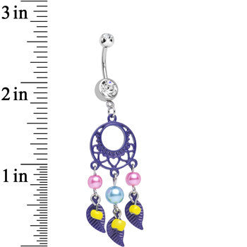 BodyCandy Clear Double CZ Pearly Feathers Purple Dreamcatcher Dangle Belly Ring — detail close-up