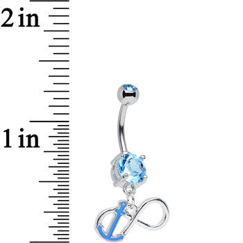 BodyCandy Aqua Double Cubic Zirconia Captain Anchor Infinity Dangle Belly Ring — detail close-up
