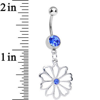 BodyCandy Blue CZ Sunny Season Hollow Flower Dangle Belly Ring — detail close-up