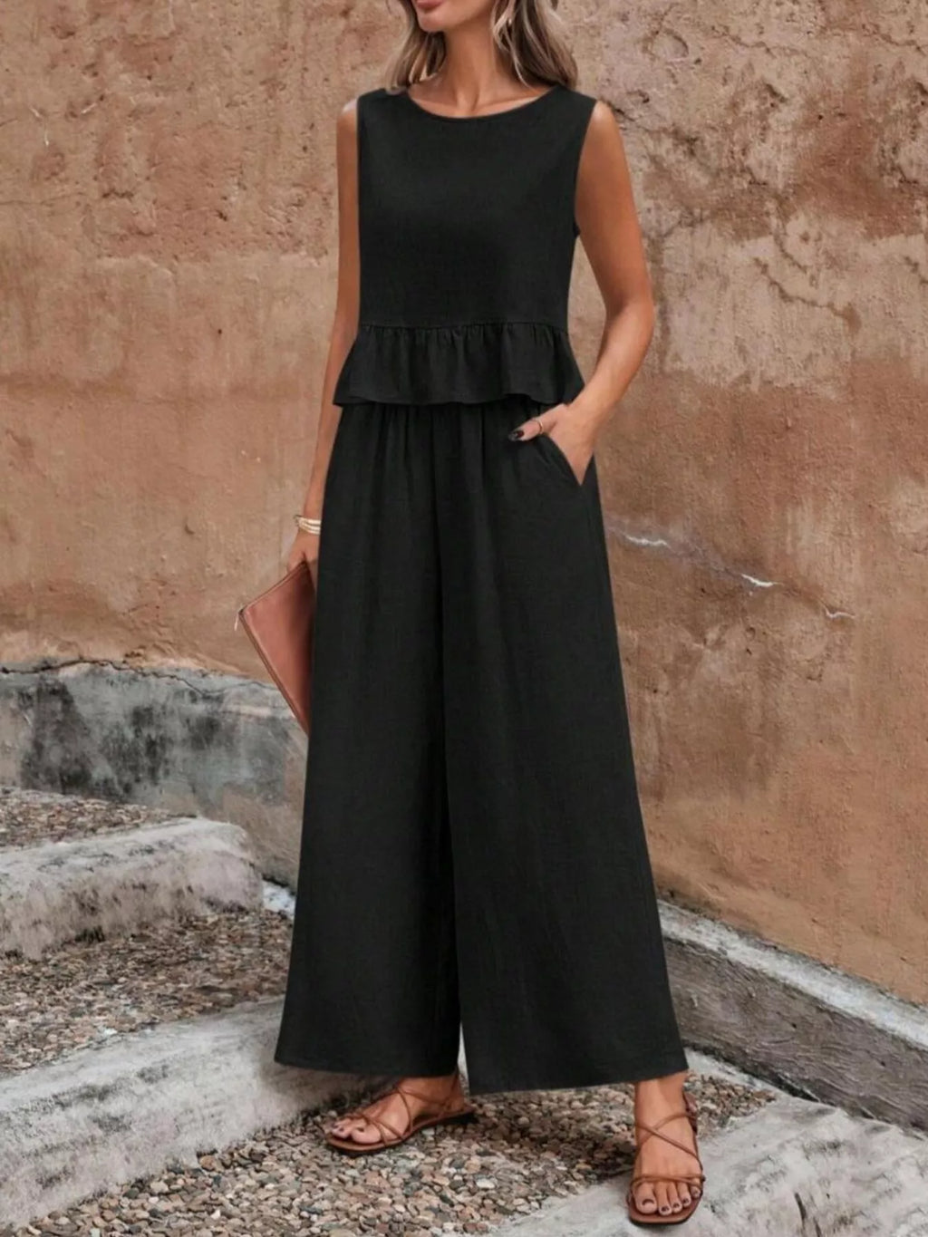 Sleeveless Ruffle Hem Top and Wide Leg Pants Two-Piece Set