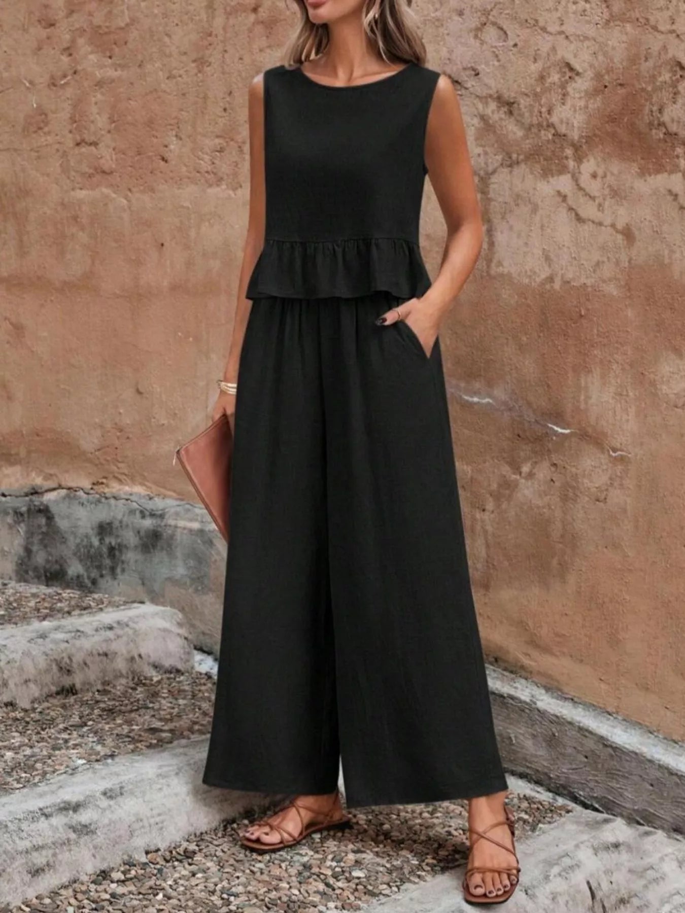Sleeveless Ruffle Hem Top and Wide Leg Pants Two-Piece Set