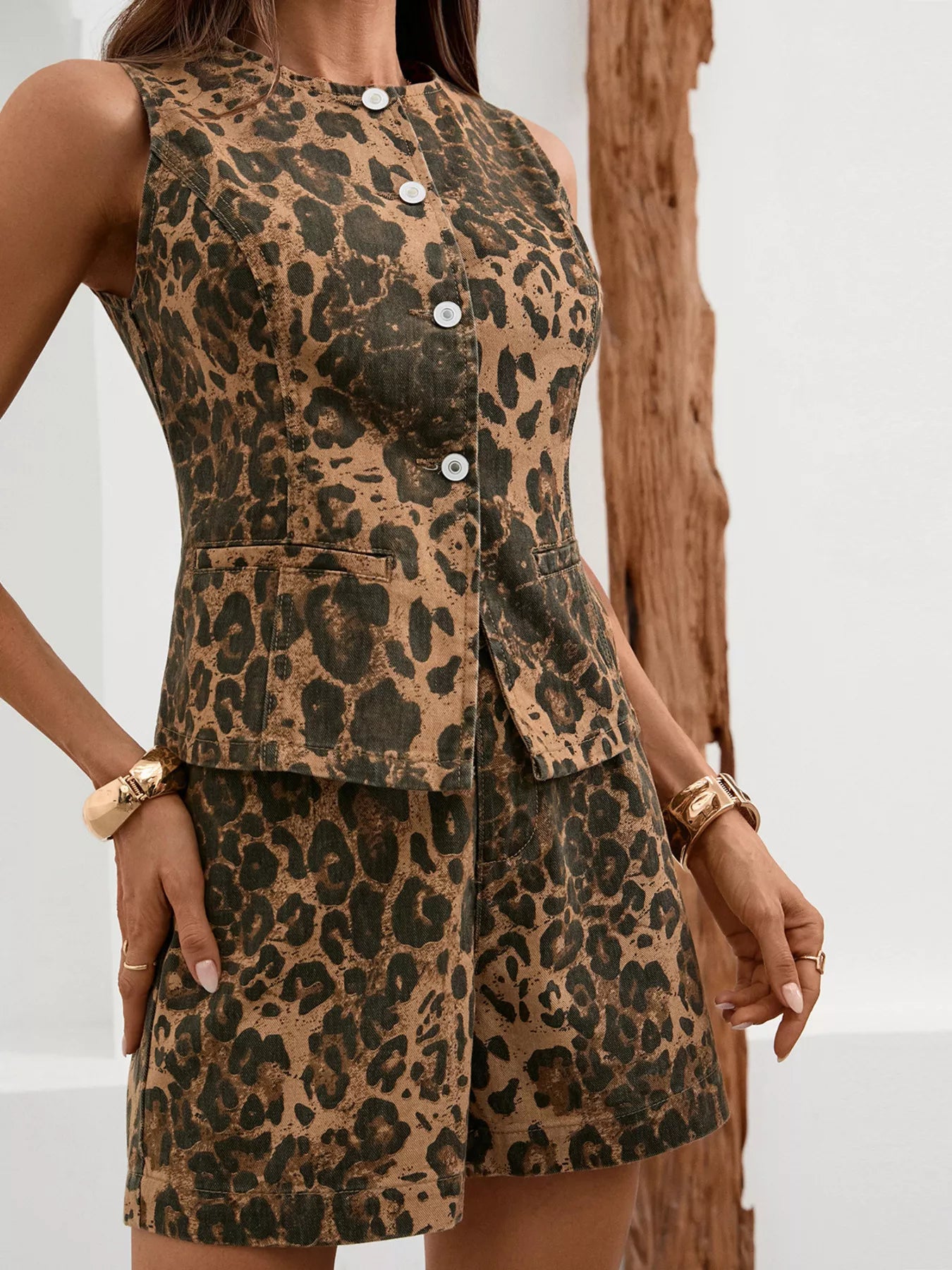 Sleeveless Button-Down Denim Vest & Shorts Set
