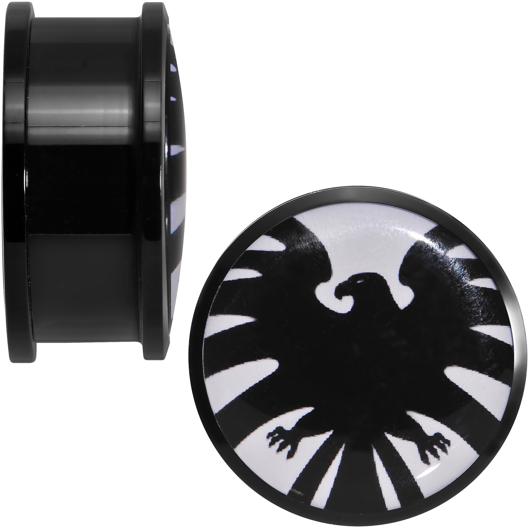 BodyCandy 1 inch Licensed Hawkeye Logo Acrylic Screw Fit Plugs Set — detail close-up