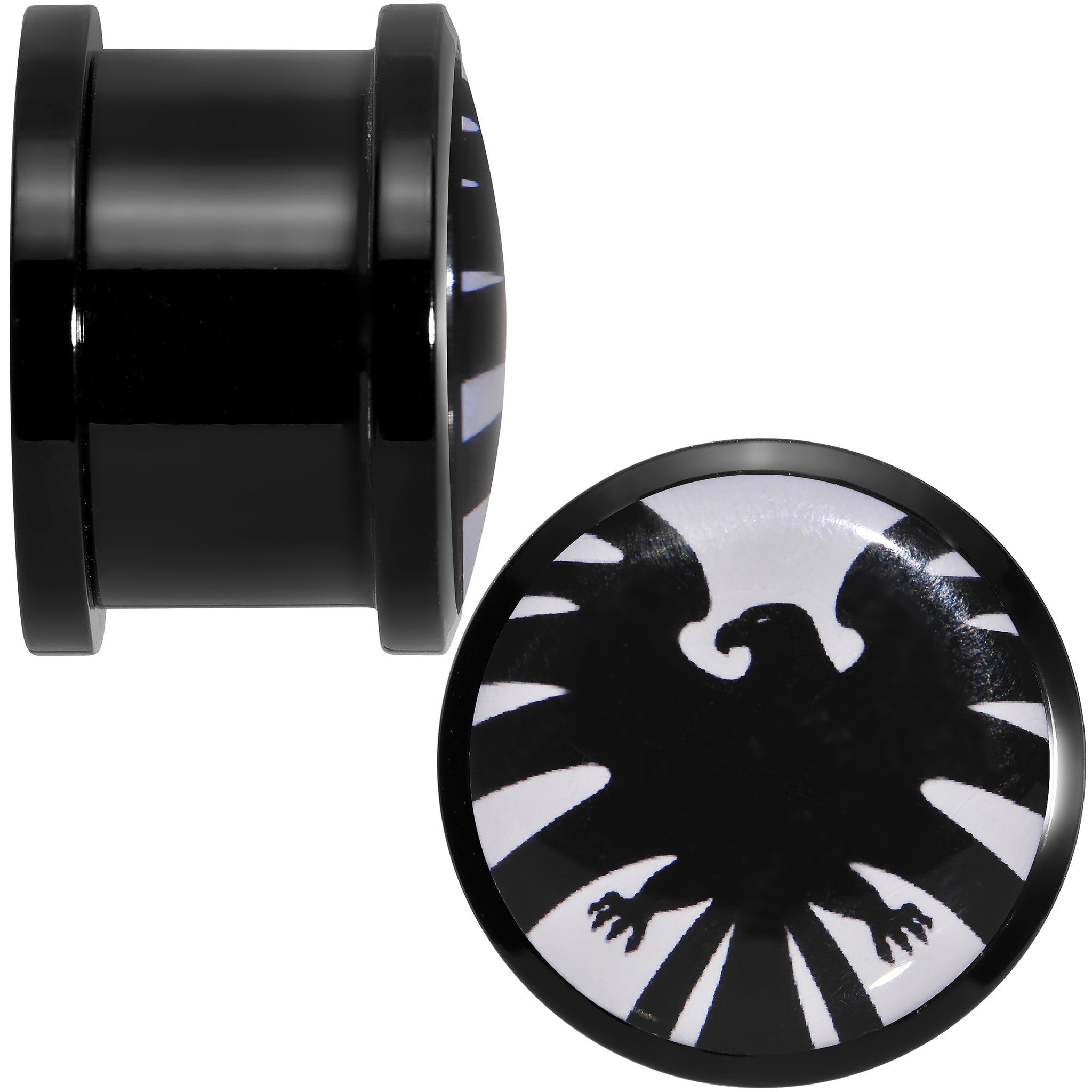BodyCandy 5/8 Licensed Hawkeye Logo Acrylic Screw Fit Plugs Set — detail close-up