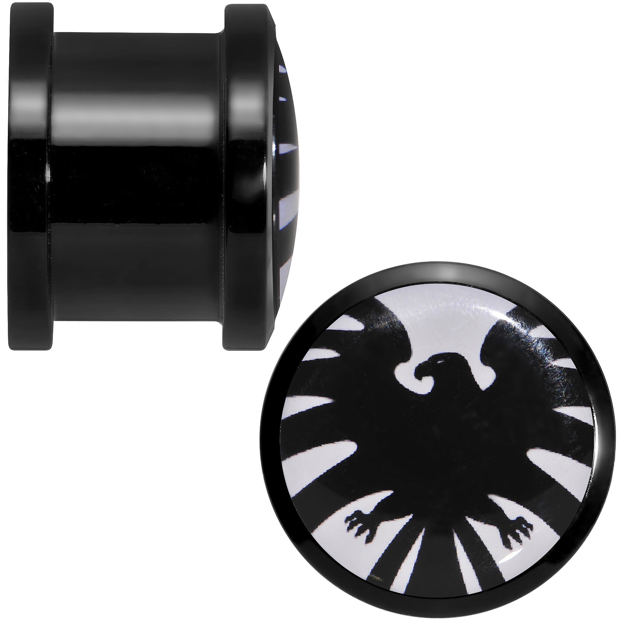 BodyCandy 9/16 Licensed Hawkeye Logo Acrylic Screw Fit Plugs Set — detail close-up