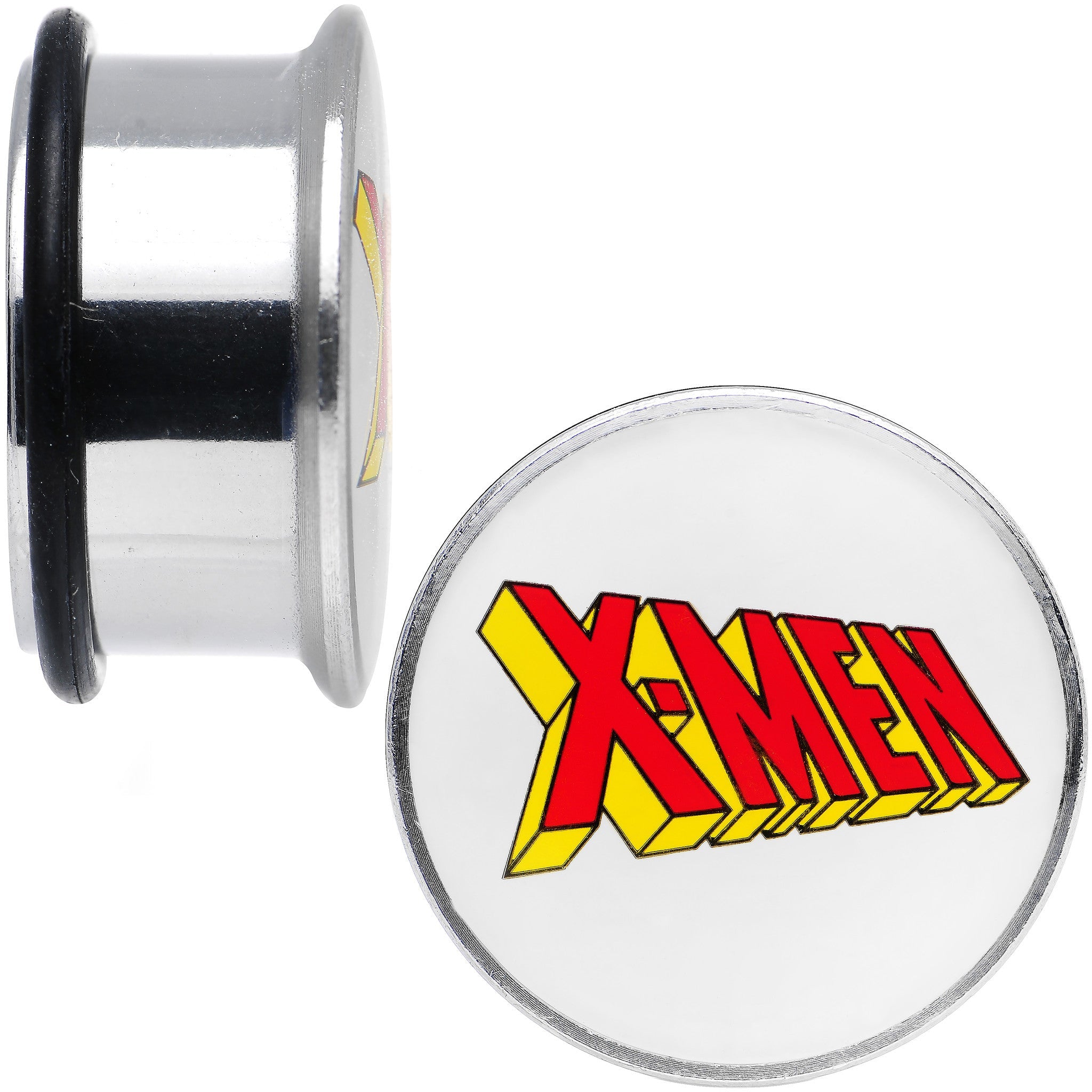 BodyCandy 3/4 Licensed X-Men Single Flare Steel Tunnel Plugs Set — detail close-up