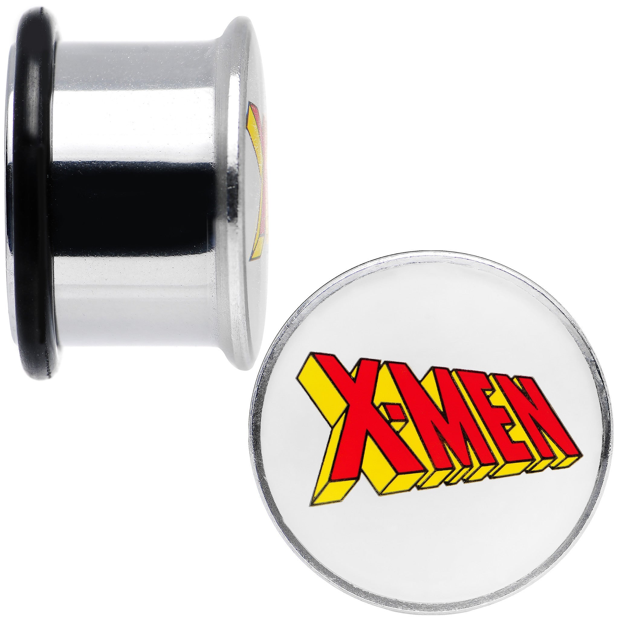 BodyCandy 9/16 Licensed X-Men Single Flare Steel Tunnel Plugs Set — detail close-up