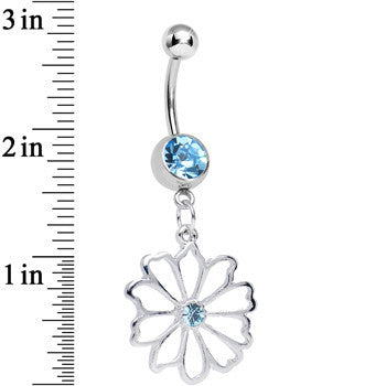 BodyCandy Aqua CZ Sunny Season Hollow Flower Dangle Belly Ring — detail close-up