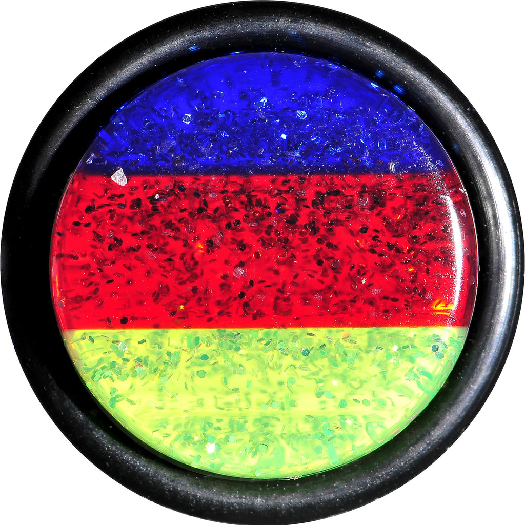 BodyCandy 9/16 Green Red Blue Acrylic Vibrant Glitter Single Flare Plug — detail close-up