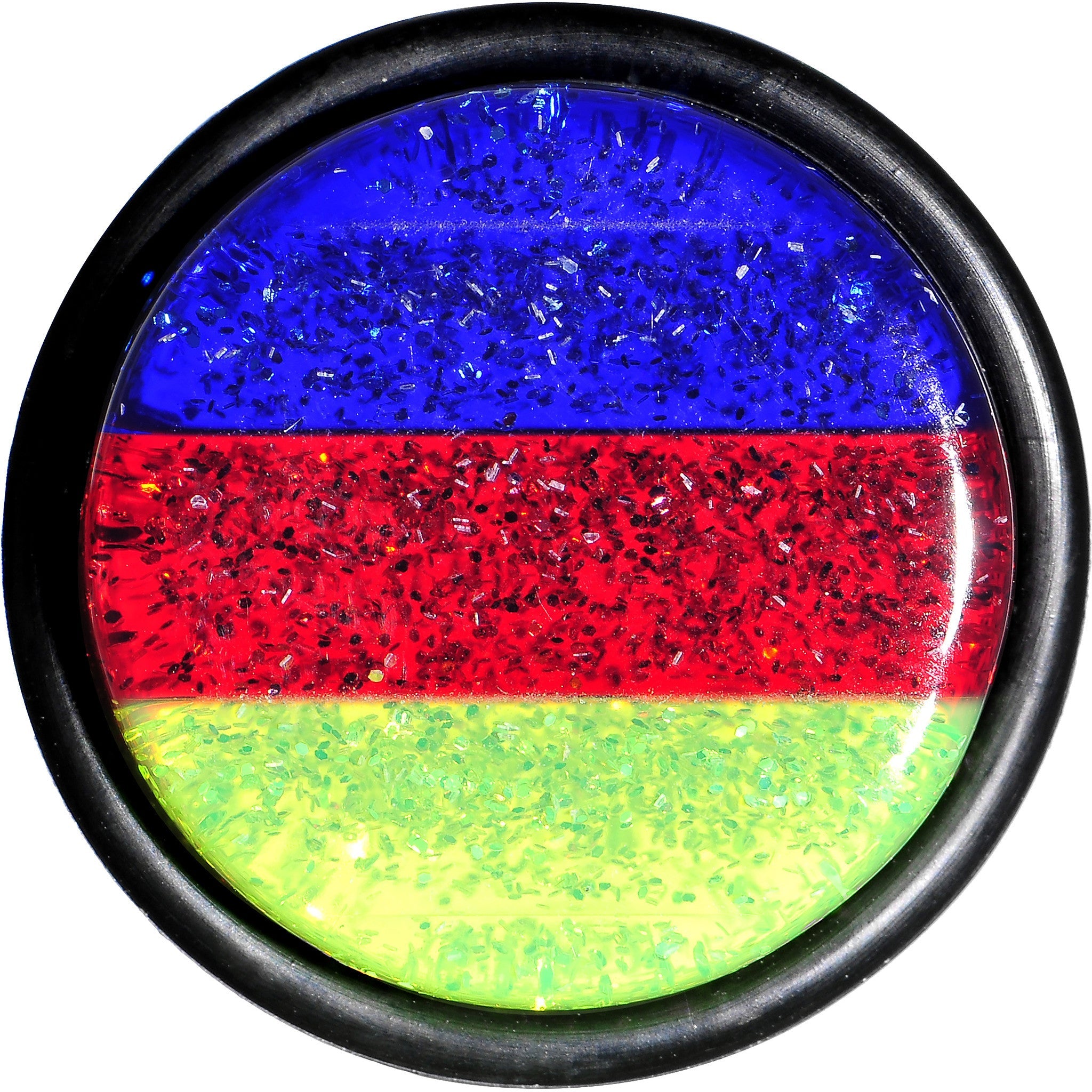 BodyCandy 18mm Green Red Blue Acrylic Vibrant Glitter Single Flare Plug — detail close-up