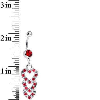 BodyCandy Red Gem Triple Trickle Heart Dangle Belly Ring — detail close-up