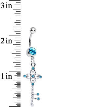 BodyCandy Aqua Gem Sparkling Twisted Key Dangle Belly Ring — detail close-up