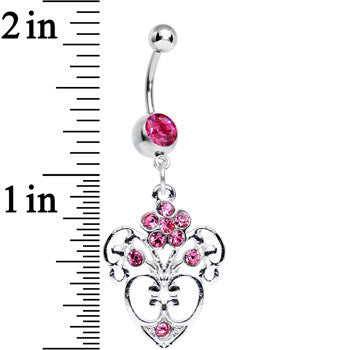 BodyCandy Pink Gem Flowering Heart Dangle Belly Ring — detail close-up