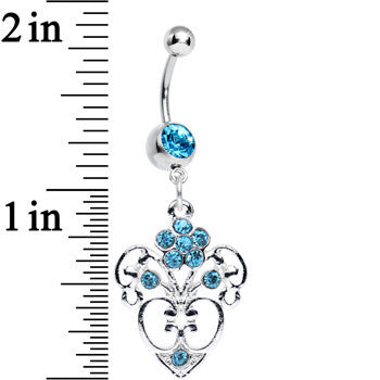 BodyCandy Aqua Gem Flowering Heart Dangle Belly Ring — detail close-up