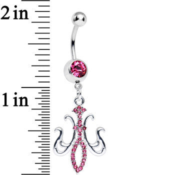 BodyCandy Pink Gem Magnifique Fleur de Lis Dangle Belly Ring — detail close-up