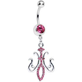 Pink Gem Magnifique Fleur de Lis Dangle Belly Ring