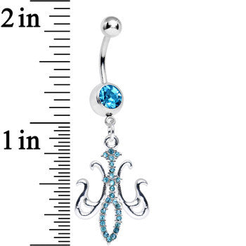 BodyCandy Aqua Gem Magnifique Fleur de Lis Dangle Belly Ring — detail close-up