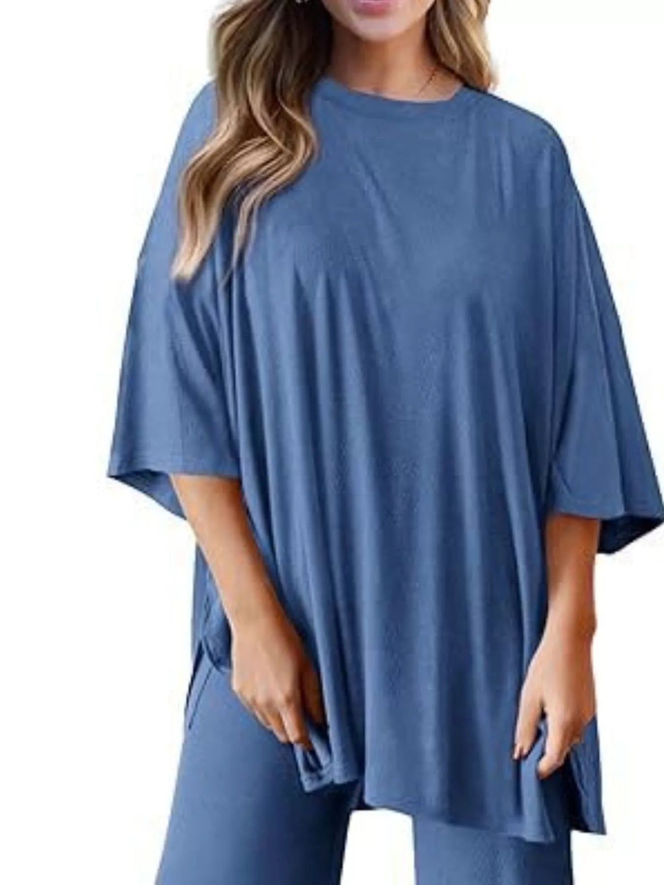 Slit Round Neck Top and Pants Set