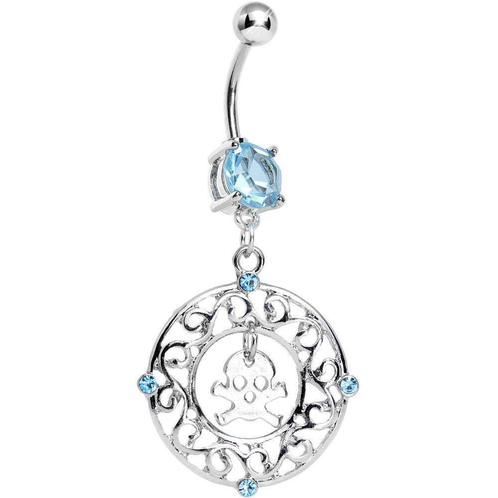 BodyCandy Aqua Gem Fancy Framed Skull and Crossbones Dangle Belly Ring — main product shot
