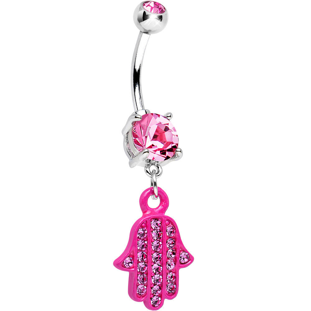 BodyCandy Pink Double Gem Powerful Blessing Pink Hamsa Hand Dangle Belly Ring — main product shot