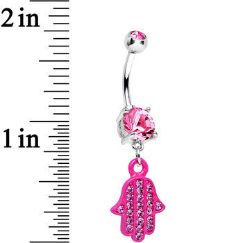 BodyCandy Pink Double Gem Powerful Blessing Pink Hamsa Hand Dangle Belly Ring — detail close-up